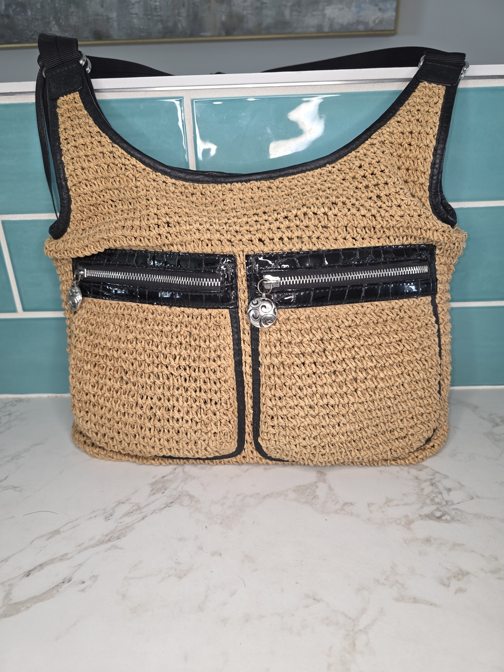 Brighton Tan Woven Shoulder Bag with Black Trim and Zip Pockets